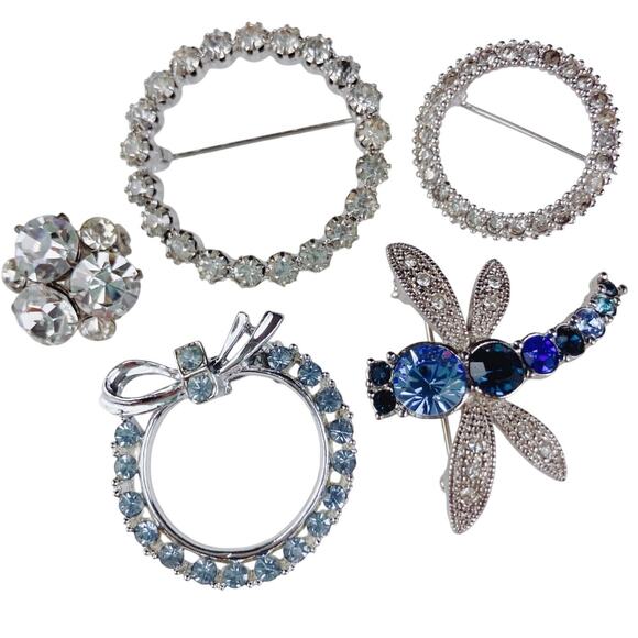 VTG Lot of 5 Brooches Rhinestone Circle Cluster Dragonfly Mid Century Y2K Pins - Picture 1 of 10
